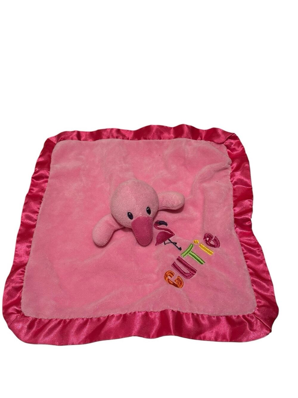 Sunshine Baby Flamingo Cutie Embroidered Satin trim Lined Lovey Security Blanket